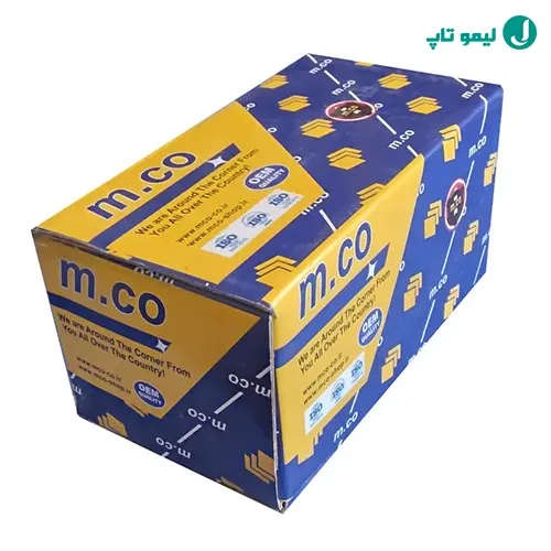 جعبه آبی و زرد رنگ لنت ترمز امکو (m.co) با نشان استاندارد کیفیت