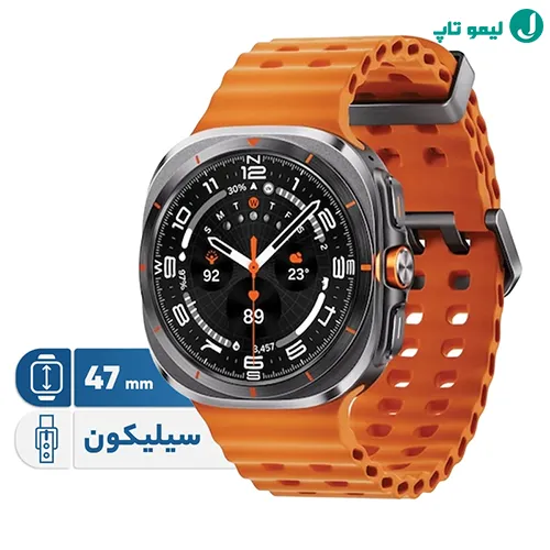 ساعت هوشمند سامسونگ گلکسی واچ اولترا با بدنه مربعی تیتانیومی و بند سیلیکونی مدل مارین روی مچ دست