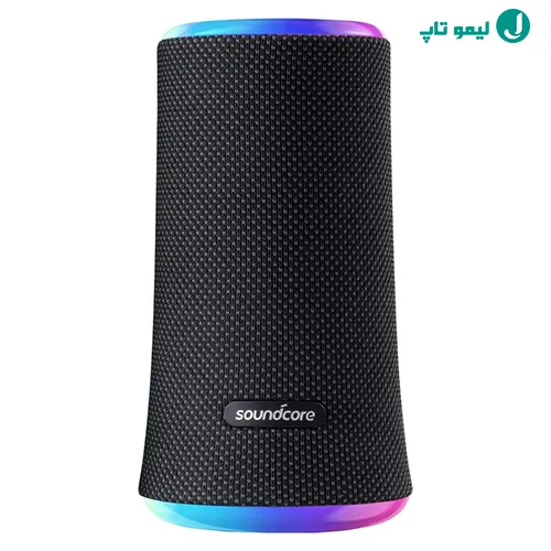 اسپیکر بلوتوثی قابل حمل انکر Flare 2 با رقص نور LED روشن در یک اتاق نیمهتاریک