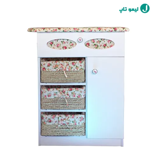 میز اتو کمدی مدل سه کشو کد 001 با بدنه ملامینه چوبی و سه سبد حصیری نظمدهنده