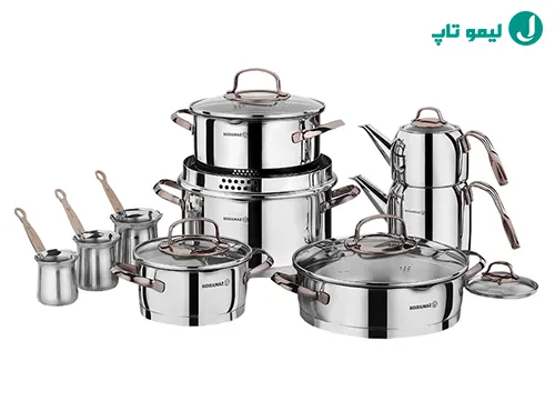 سرویس استیل کرکماز مدل استیما مجهز به لبههای زاویهدار و درپوش فیلتردار برای آبکش کردن