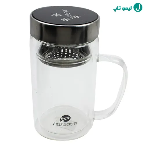 ماگ دوجداره شفاف Jingpin با صافی فلزی