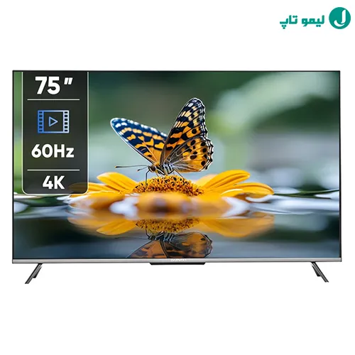 تلویزیون ۷۵ اینچ دوو با تصویر پروانه روی گل و پنل 4K